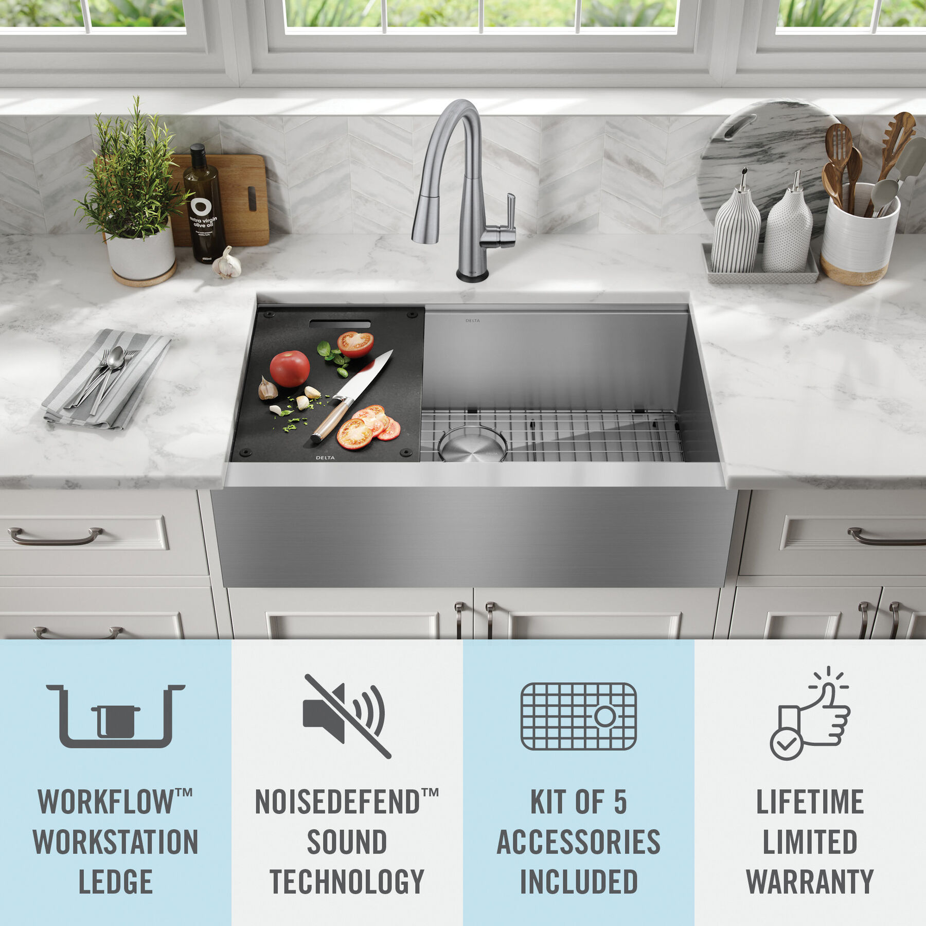 Lavabo de cocina estilo campestre/borde delantero tipo estación de trabajo con un receptáculo de acero inoxidable calibre 16 de 33" de montaje bajo encimera, con reborde WorkFlow™ y accesorios, imagen 17